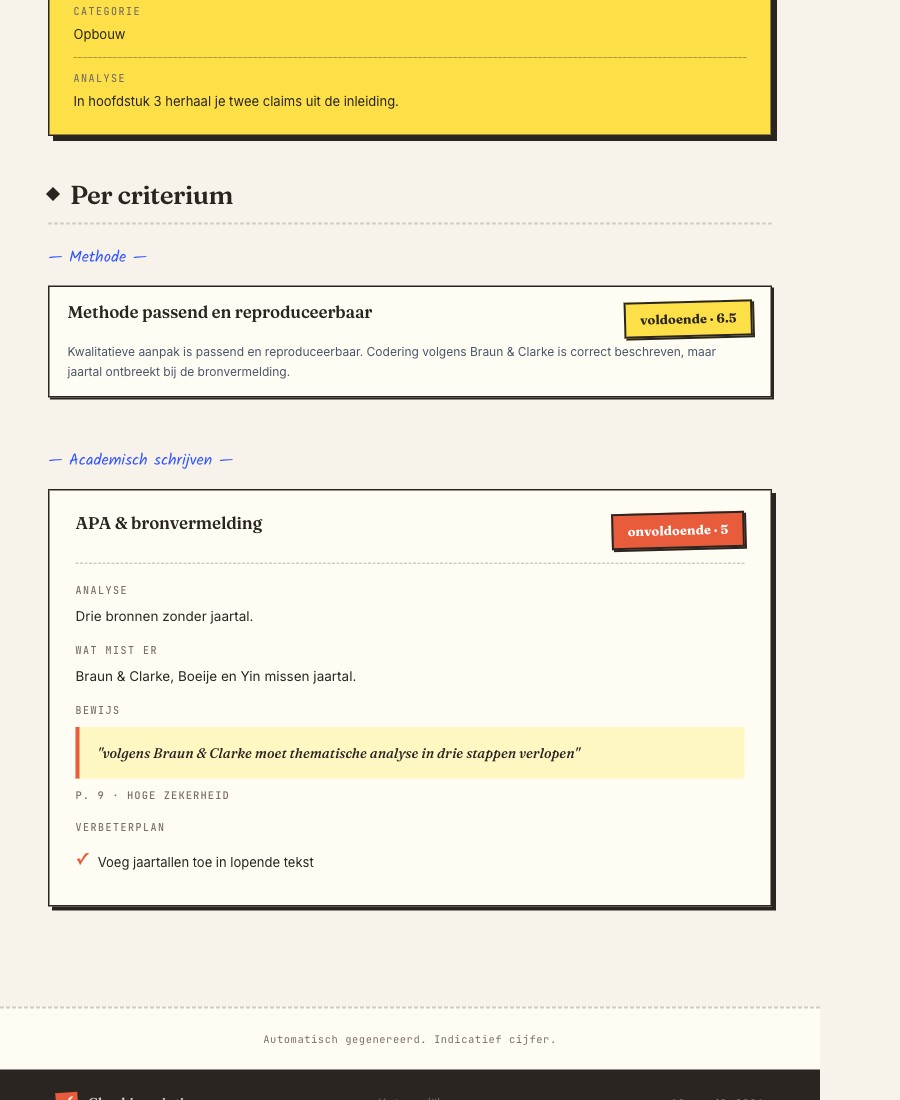Voorbeeld PDF rapport, één criterium per pagina